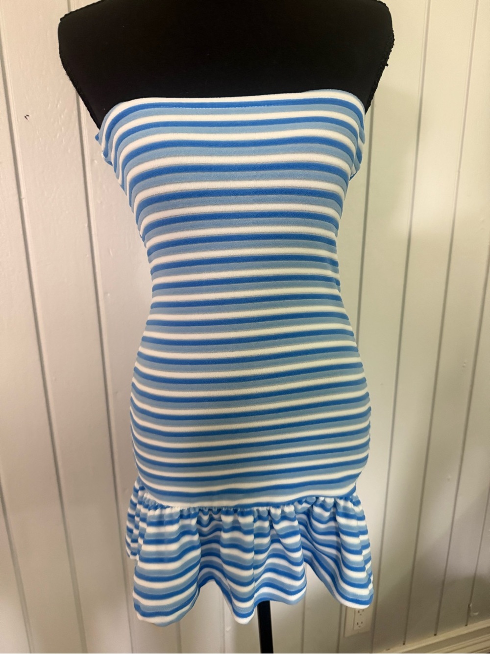 Muse Blue and White Striped Strapless Dress